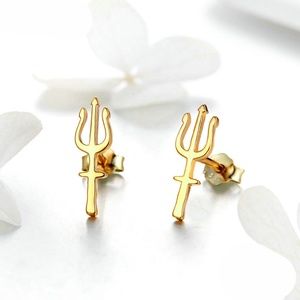 925 Sterling Silver Gold Trident Stud Earrings